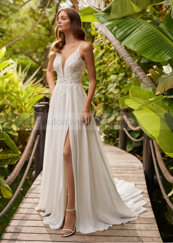 Beaded Ivory Embroidered Lace Chiffon Slit Boho Wedding Dress